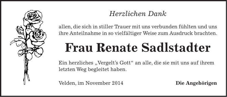Traueranzeige Renate Sadlstadter