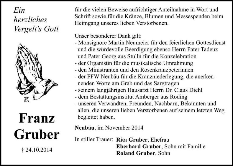 Traueranzeige Franz Gruber