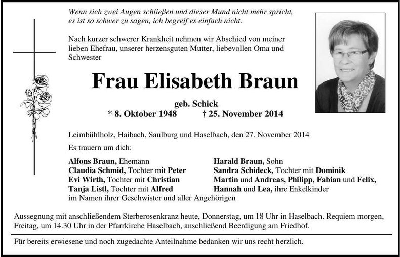 Traueranzeige Elisabeth Braun