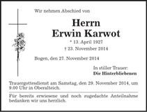Traueranzeige Erwin Karwot