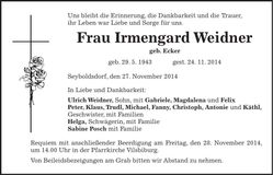 Traueranzeige Irmengard Weidner