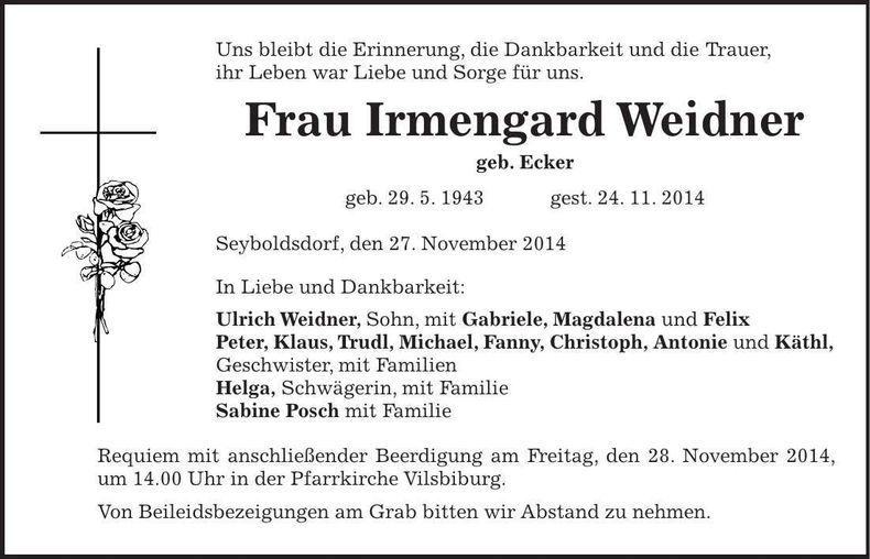 Traueranzeige Irmengard Weidner