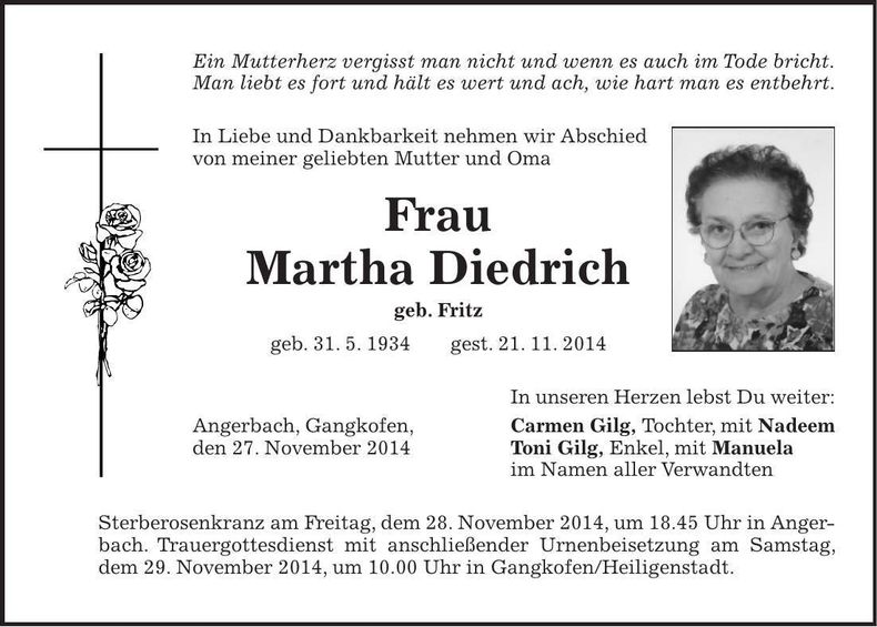 Traueranzeige Martha Diedrich