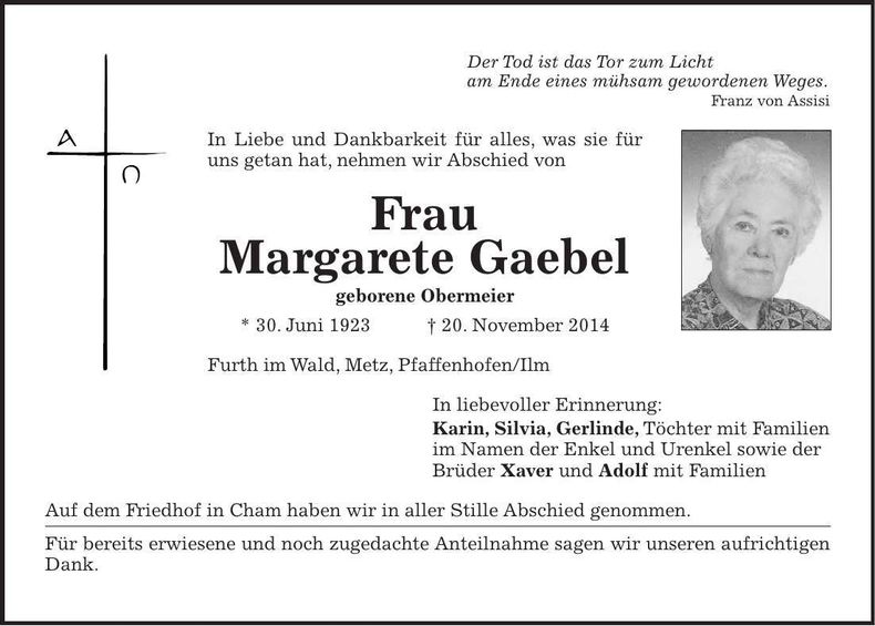 Traueranzeige Margarete Gaebel