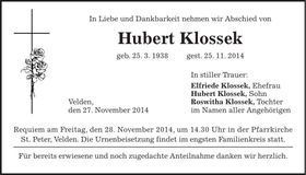 Traueranzeige Hubert Klossek