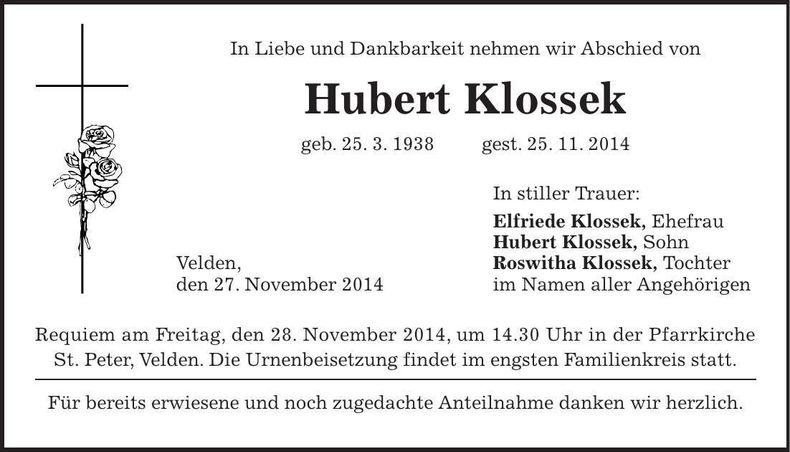 Traueranzeige Hubert Klossek