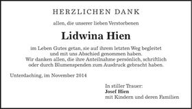 Traueranzeige Lidwina Hien