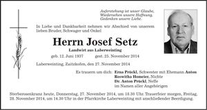 Traueranzeige Josef Setz