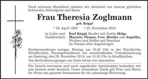 Traueranzeige Theresia Zoglmann
