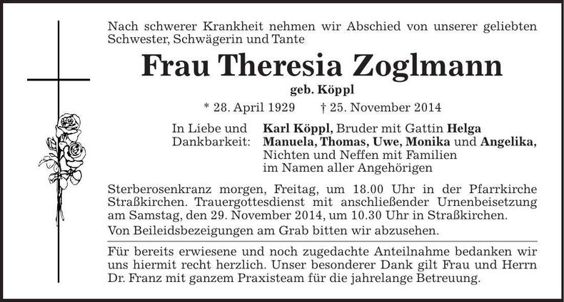 Traueranzeige Theresia Zoglmann