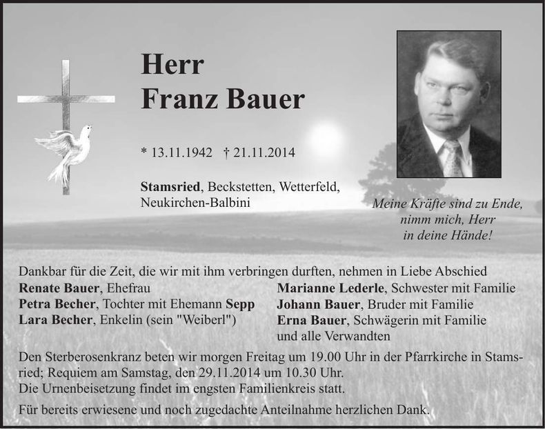 Traueranzeige Franz Bauer
