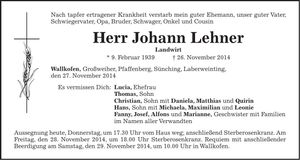 Traueranzeige Johann Lehner