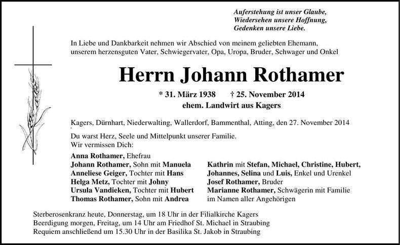 Traueranzeige Johann Rothamer