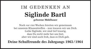 Traueranzeige Siglinde Bartl