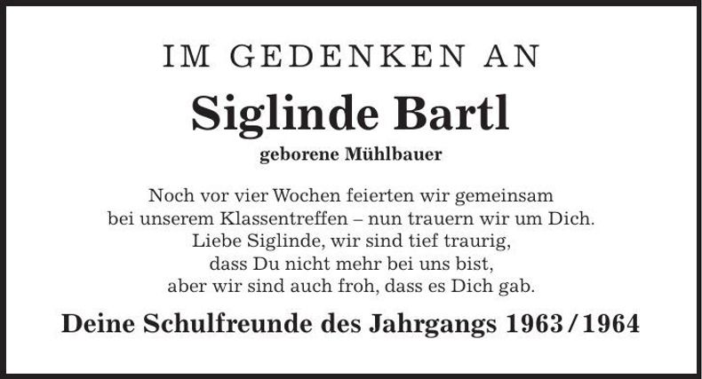 Traueranzeige Siglinde Bartl