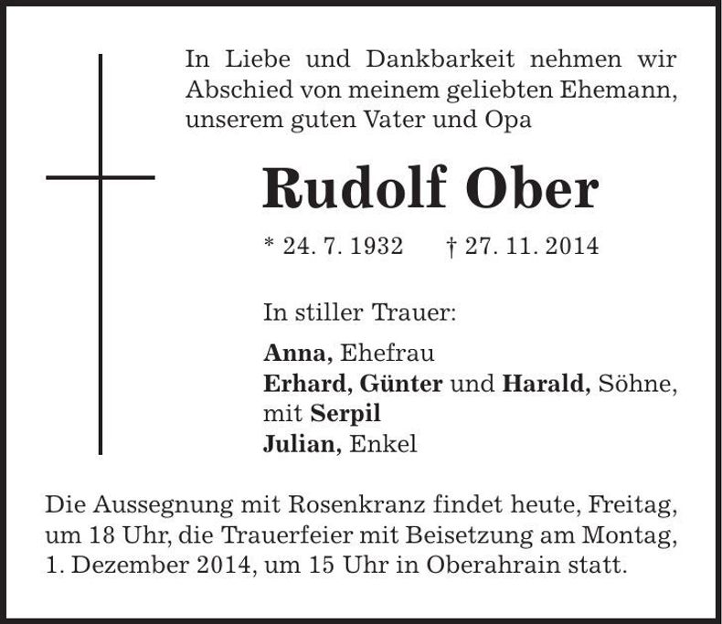 Traueranzeige Rudolf Ober