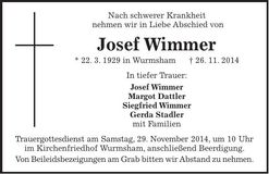 Traueranzeige Josef Wimmer