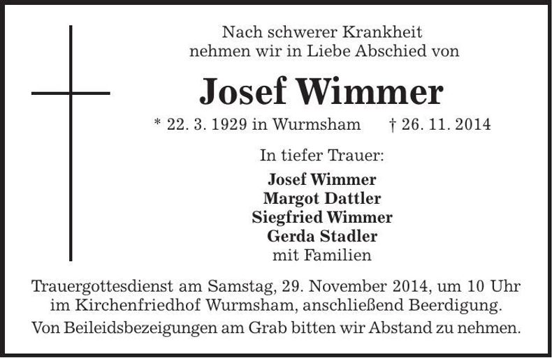 Traueranzeige Josef Wimmer