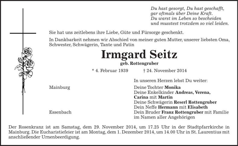 Traueranzeige Irmgard Seitz