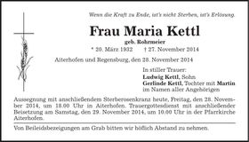 Traueranzeige Maria Kettl