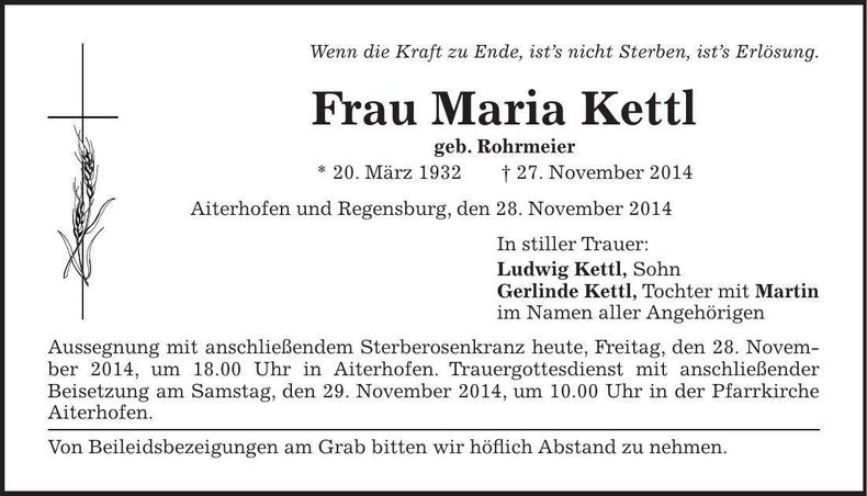 Traueranzeige Maria Kettl
