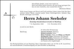 Traueranzeige Johann Seehofer