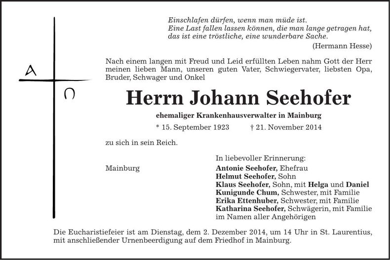 Traueranzeige Johann Seehofer