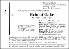 Traueranzeige Helmut Gahr