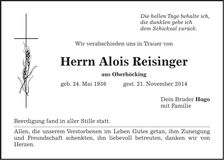 Traueranzeige Alois Reisinger