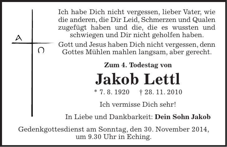 Traueranzeige Jakob Lettl