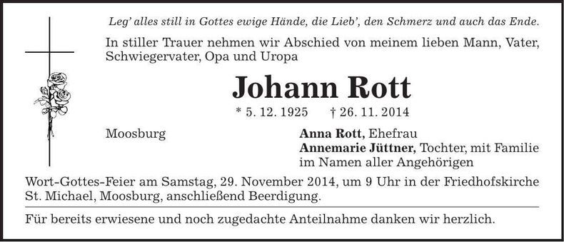 Traueranzeige Johann Rott