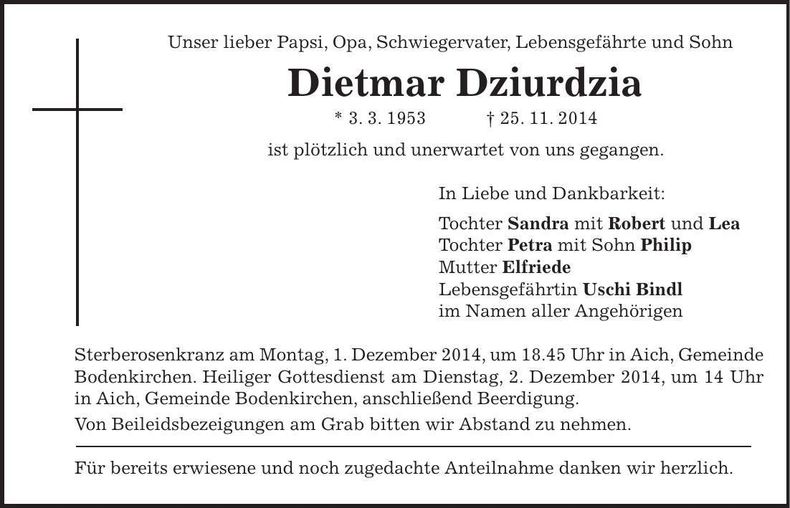 Traueranzeige Dziurdzia Dietmar