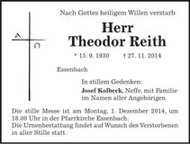 Traueranzeige Theodor Reith