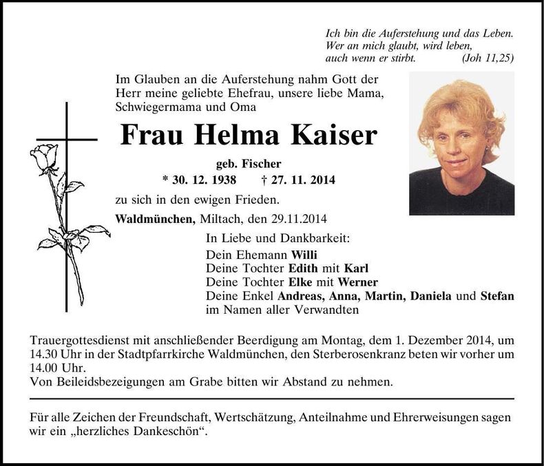 Traueranzeige Helma Kaiser