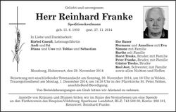 Traueranzeige Reinhard Franke