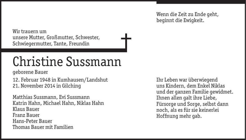 Traueranzeige Christine Sussmann