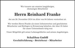 Traueranzeige Reinhard Franke