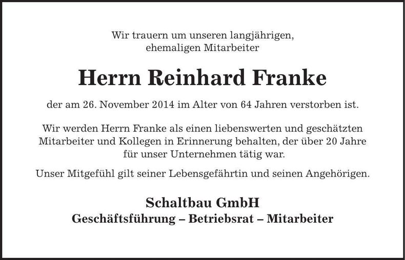 Traueranzeige Reinhard Franke