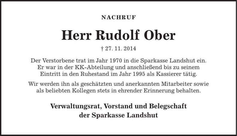 Traueranzeige Rudolf Ober
