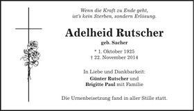 Traueranzeige Adelheid Rutscher