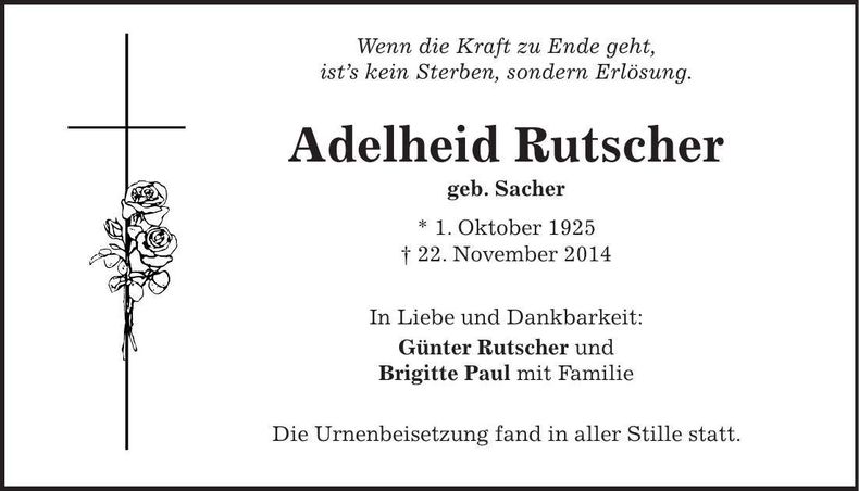 Traueranzeige Adelheid Rutscher