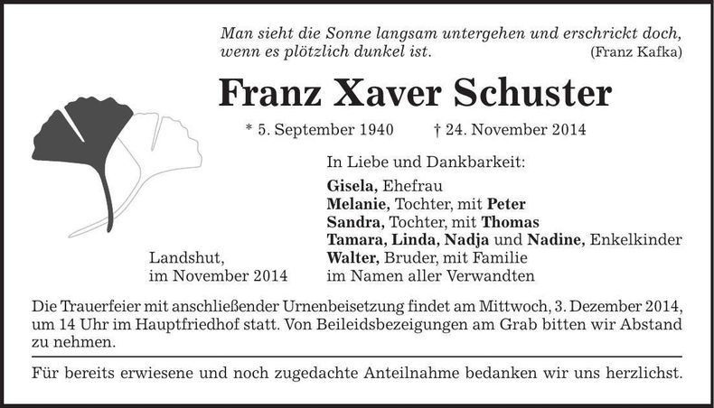 Traueranzeige Franz Xaver Schuster