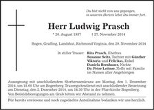 Traueranzeige Ludwig Prasch