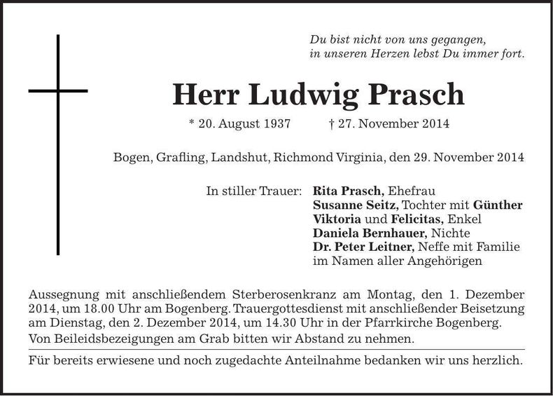 Traueranzeige Ludwig Prasch