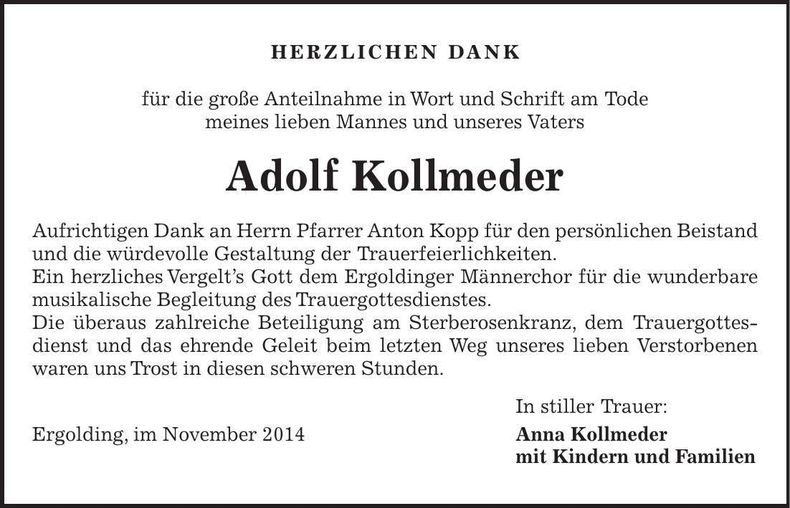 Traueranzeige Adolf Kollmeder