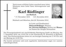 Traueranzeige Karl Rädlinger