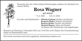 Traueranzeige Rosa Wagner