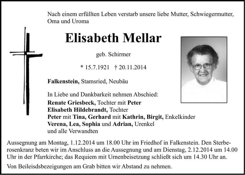 Traueranzeige Elisabeth Mellar