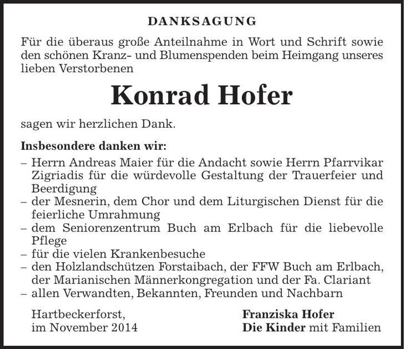Traueranzeige Konrad Hofer