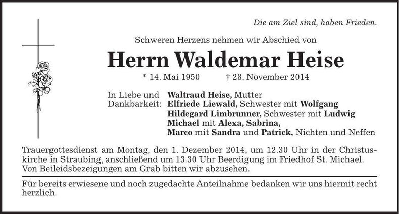 Traueranzeige Waldemar Heise